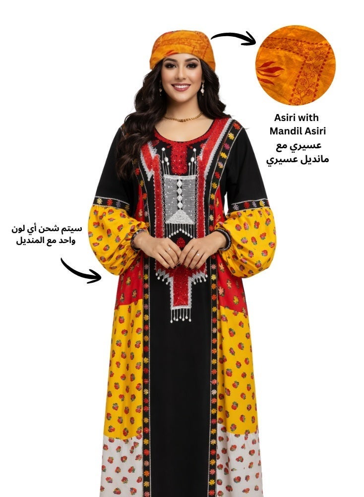 بريميم عباءة طويلة تقليدية من عسيري مع غطاء رأس متناسق، من تصميم تارها أزفر منديل عسيري - عباءة ماكسي مطبوعة بنقوش قبلية أصلية للنساء - Image 1